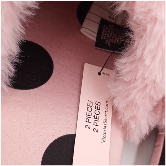 Victoria's Secret Signature Satin Slipper Pink Black Polka Dot with Faux Fur M - Picture 4 of 5